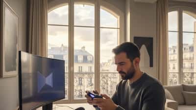 Homme français inspectant une manette PlayStation dans un appartement parisien moderne