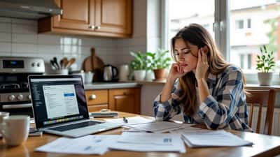 Stressed American woman reviewing student loan repayment letters and laptop at kitchen table