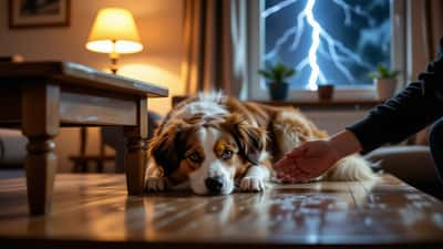 Chien effrayé caché sous une table pendant un orage nocturne en Suisse