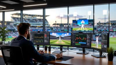 Sports analyst reviewing India vs England cricket 2026 data on multiple screens