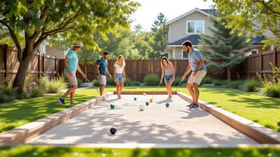 Players rolling bocce balls on a backyard court toward the pallino