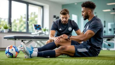 Fisioterapeuta avaliando a perna de um jogador de futebol em uma clínica de reabilitação esportiva moderna