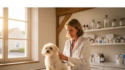 Vétérinaire examinant un chien dans une salle de consultation lumineuse près de Saint-Aignan-sur-Cher
