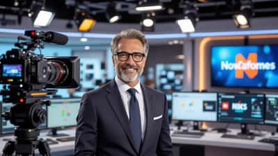 Animateur de télévision français en studio à Paris, gestionnaires de patrimoine en arrière-plan