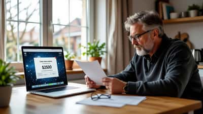 Besorgter Mann prüft eine gefälschte Lotto-Gewinnbenachrichtigung am Laptop