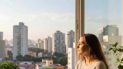 Jovem brasileira refletindo sozinha em apartamento, representando a ansiedade social descrita por Luisa Sonza