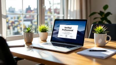 Escritorio moderno con laptop que muestra un título profesional digital verificado en 2026