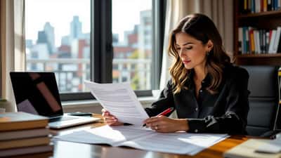 Canadian author reviewing entertainment adaptation contract with stack of fantasy novels on home office desk