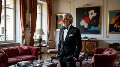 Uomo d'affari italiano in un elegante appartamento milanese con opere d'arte alle pareti