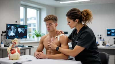 Fysioterapeut undersøger en ung mandlig atlets venstre skulder i en dansk ortopædisk klinik
