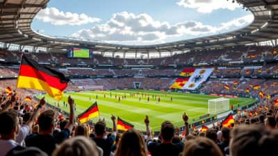 Duitse en Ecuadoriaanse supporters juichen in een stadion tijdens de oefeninterland van 2026