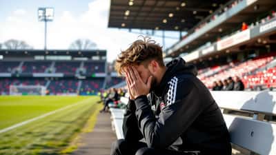 Uitgeputte profvoetballer zit alleen op de reservebank, hoofd in handen, verlicht stadion op de achtergrond