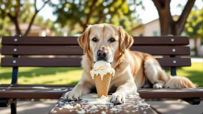 Perro labrador olfateando un helado de vainilla derritiéndose en un parque durante el verano