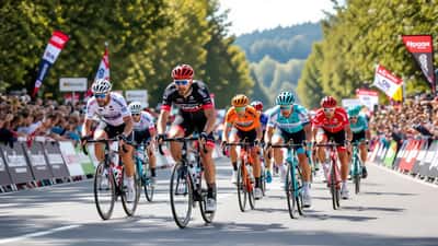 Sprinteur cycliste professionnel franchissant la ligne lors d'une arrivée groupée
