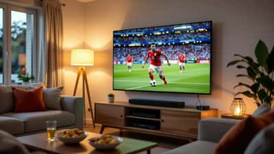 Man adjusting a large wall-mounted TV showing a football match in a living room set up for a World Cup watch party