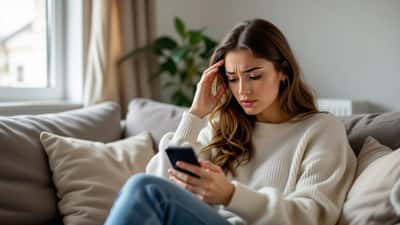 Anxious young Canadian woman staring at a frozen smartphone app during the Meta outage