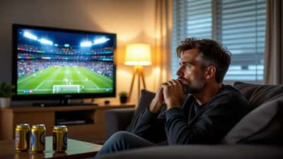 Australian football fan watching a tense late-night match on TV with visible stress and anxiety