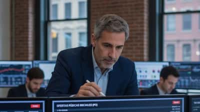 Inversor hispanohablante revisando pantallas de trading con cotizaciones de IPO en Nueva York