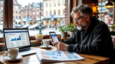 Man i Stockholm café granskar politisk annons på smartphone bredvid GDPR-dokument och väljarbarometer