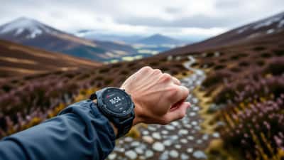 Trail runner checking Garmin Fenix 9 GPS smartwatch on Scottish moorland