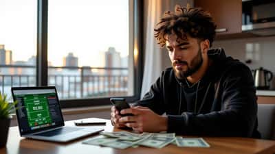 Homem brasileiro preocupado verificando aplicativo de apostas esportivas no smartphone em São Paulo