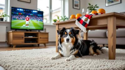 Hond verscholen onder salontafel tijdens WK 2026 feest Portugal-Spanje, gestrest door lawaai