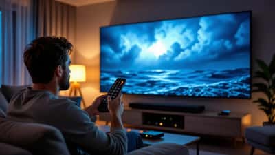 Hombre calibrando un televisor OLED en un cine en casa con una escena de mar en pantalla