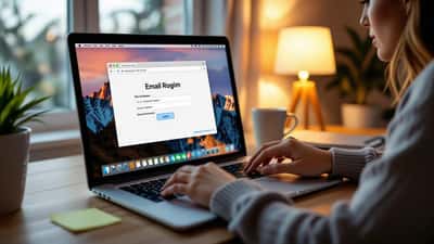 Person ved bærbar computer med fejlmeddelelse i Outlook-login og en gul lap med adgangskode ved tastaturet