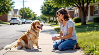 Propietaria preocupada junto a su perro jadeando en la acera caliente de St. Louis durante la alerta de calor extremo de julio de 2026