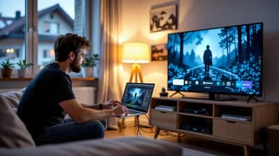 Fachmann für Unterhaltungselektronik konfiguriert Smart-TV für ARD Mediathek Streaming in deutschem Wohnzimmer
