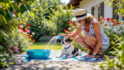 Chien border collie haletant sous la chaleur estivale