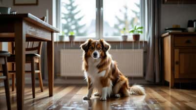 Rädd hund som kryper ihop under ett bord under åskoväder inomhus