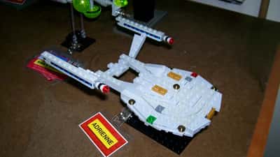 Microscale Lego model of the Enterprise NX-01 spacecraft from Star Trek: Enterprise