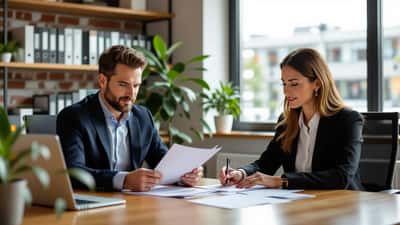 Leasehold solicitor reviewing lease extension documents with a client in a Manchester legal office