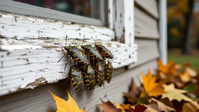Braunmarmorierte Stinkwanzen an einem verwitterten Fensterrahmen eines deutschen Hauses, Herbst 2026