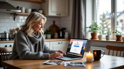 Nainen tarkastelee kannettavalla tietokoneella lukittua kirjautumissivua ja salasananhallintaa digitaalisen jäämistön järjestämiseksi
