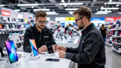 Asiakas vertailee kahta OnePlus-älypuhelinta elektroniikkaliikkeessä myyjän avustuksella