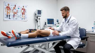 Sportmediziner führt Ultraschall-Untersuchung an Wadenmuskeln eines Fußballers in einer Wiener Sportklinik durch
