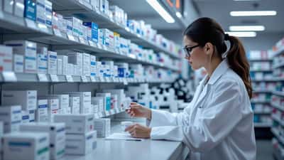 Pharmacien vérifiant un rayon de médicaments antidouleur presque vide dans une pharmacie suisse