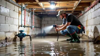 Edmonton residential basement with standing water and waterline on drywall after June 2026 flooding