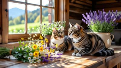 Grauer Kater schnuppert an einem bunten Kräuterweihebükett auf einem Holztisch – Gefahr durch Johanniskraut und Beifuß für Haustiere