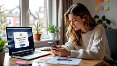 Woman looking at a fake Instagram account-locked login page on her phone during an outage