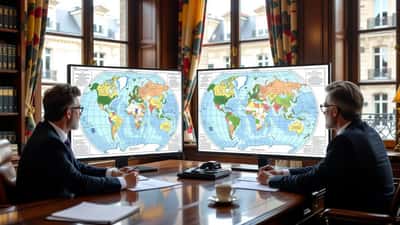 Avocat examinant deux cartes mondiales Mercator vs Eckert IV sur un bureau parisien, implications juridiques 2026