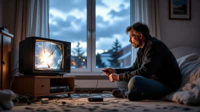 Suomalainen kodin omistaja tarkistaa salamavahingon aiheuttamia elektroniikkavaurioita myrskyn jälkeen