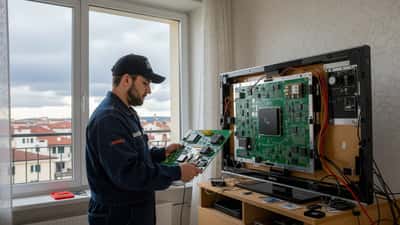 Tecnico di elettronica che esamina un televisore danneggiato dopo un temporale nel Nord Italia, luglio 2026