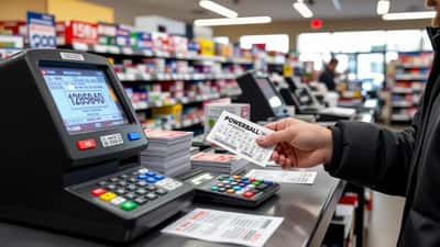 Hand holding a Powerball ticket at a convenience store counter next to a calculator and tax form