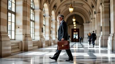 Avocat français avec mallette dans les couloirs en marbre du Palais de Justice de Paris