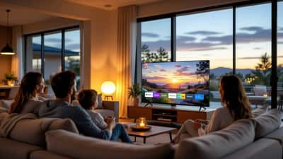 Modern Australian living room with smart TV showing SBS On Demand streaming guide 2026