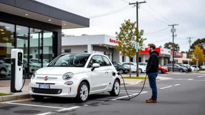Fiat 500e electric city car parked on an Australian suburban street outside a dealership