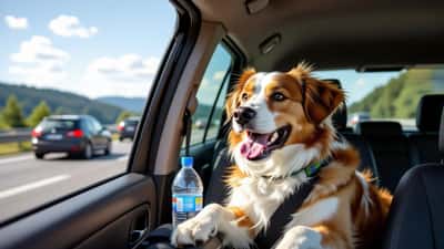 Hechelnder Hund auf der Rückbank eines im Sommerstau stehenden Autos auf der A2 Südautobahn